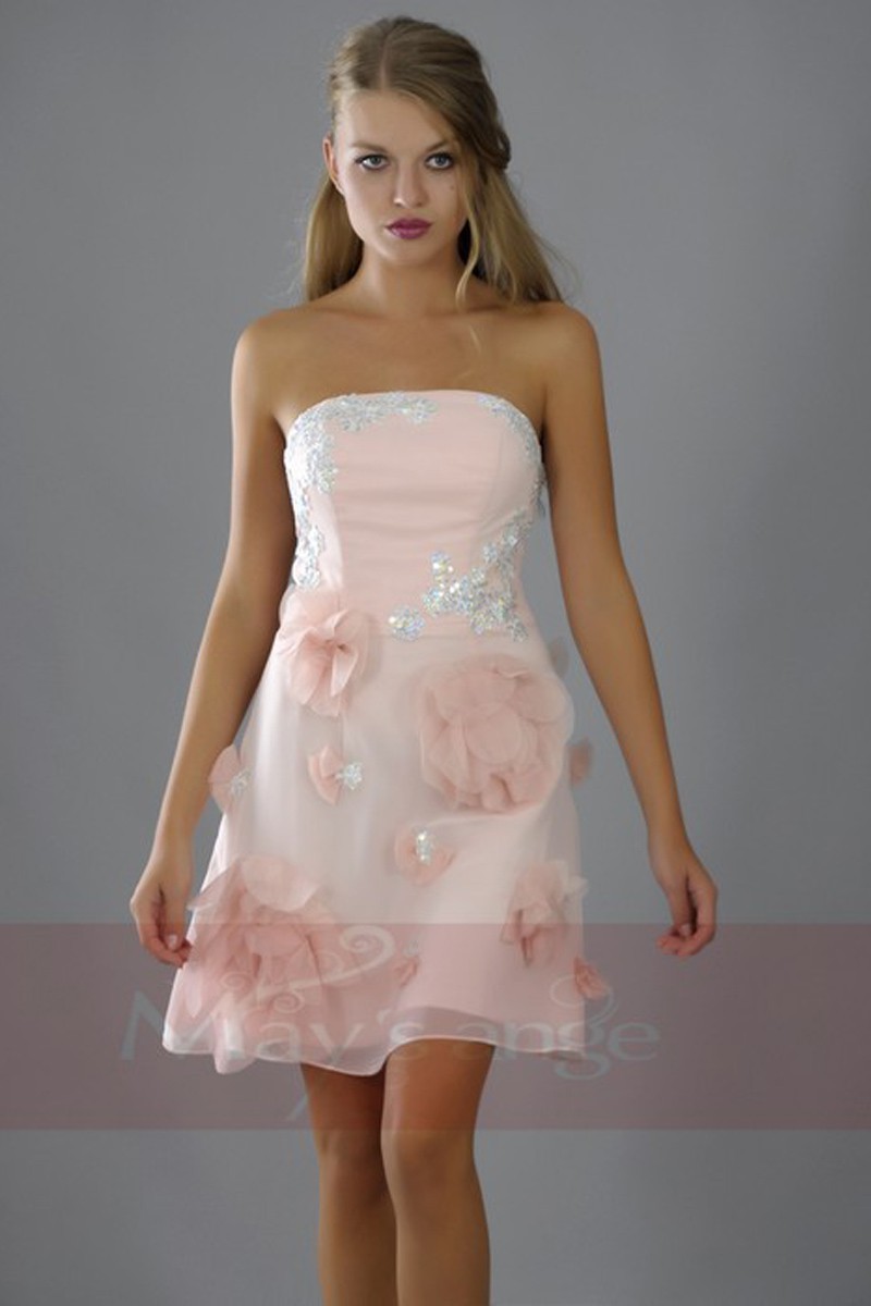 Short Strapless Party Dress With Embroidery And Flowers