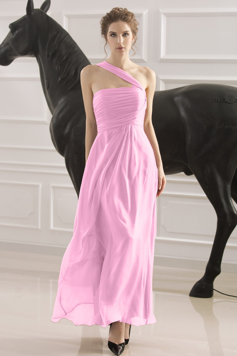 Pleated Bustier One-Shoulder Pink Long Formal Dress - Ref L748 - 01