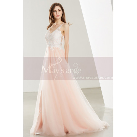 Robe de bal Rose Dos Nu tulle Plongeant Longue Bretelles