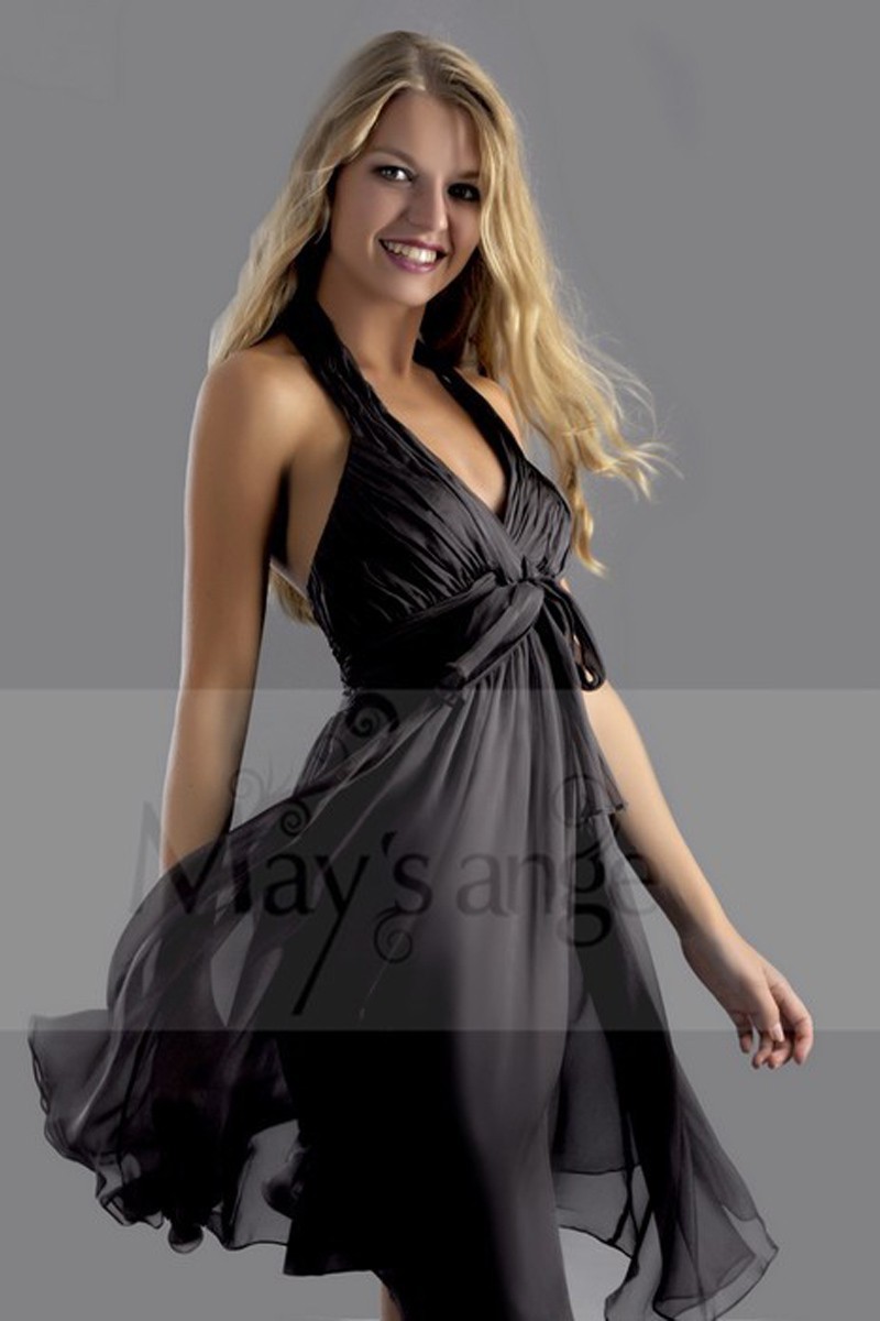 V-Neck Short Black Cocktail Party Halter Dress - Ref C156 - 01