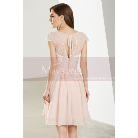 Robe Cocktail Rose A Manches Courtes mousseline et dentelle