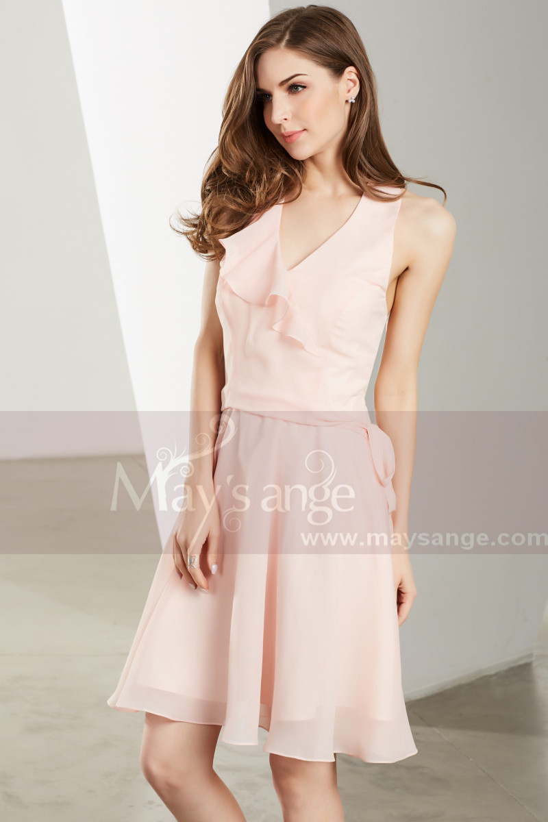 Chiffon Short VNeck Pink Cocktail Party Dress