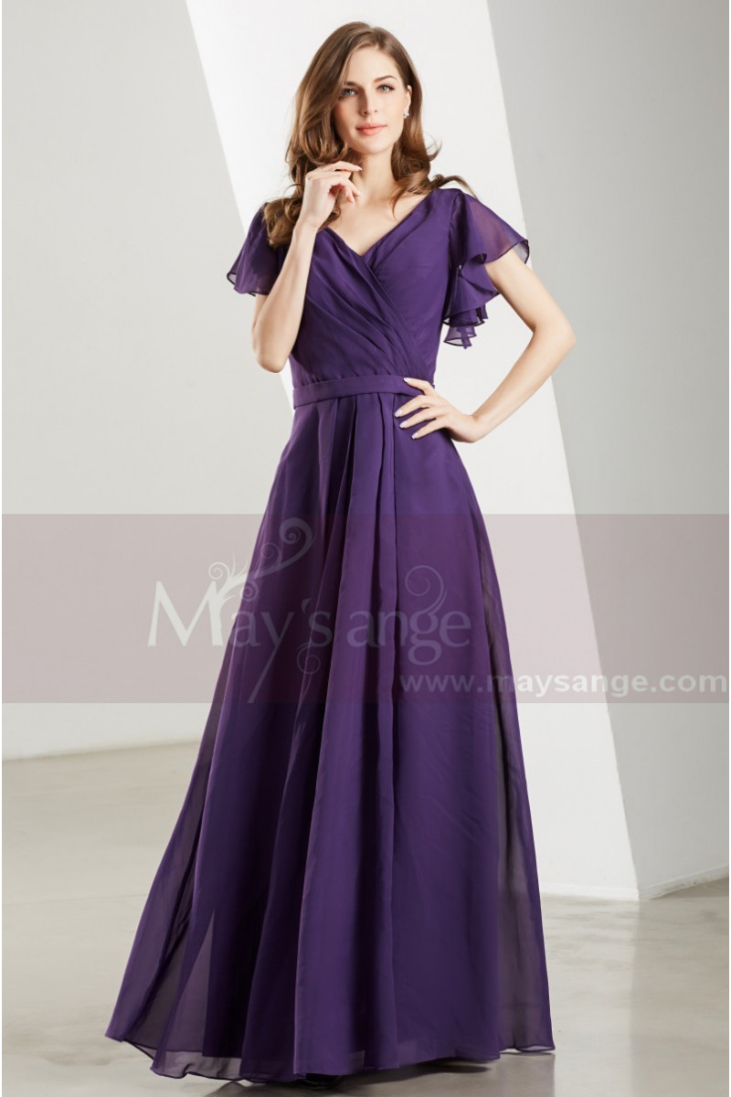 Flutter Sleeves V Neck Long Purple Vintage Dress - Ref L1902 - 01