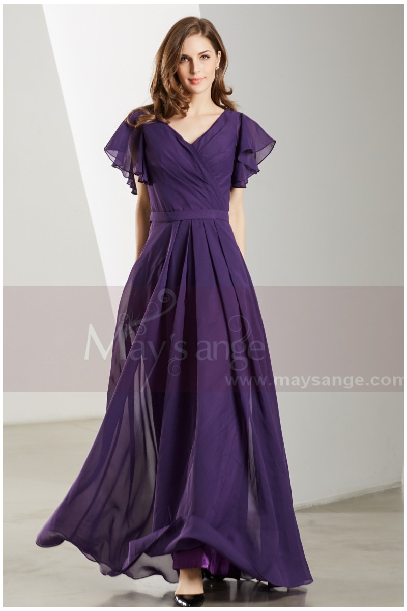 Longue Robe De Cocktail Manche Courte Violette - Ref L1902 - 01 Longue Robe De Cocktail Manche Courte Violette - Ref L1902 - 01
