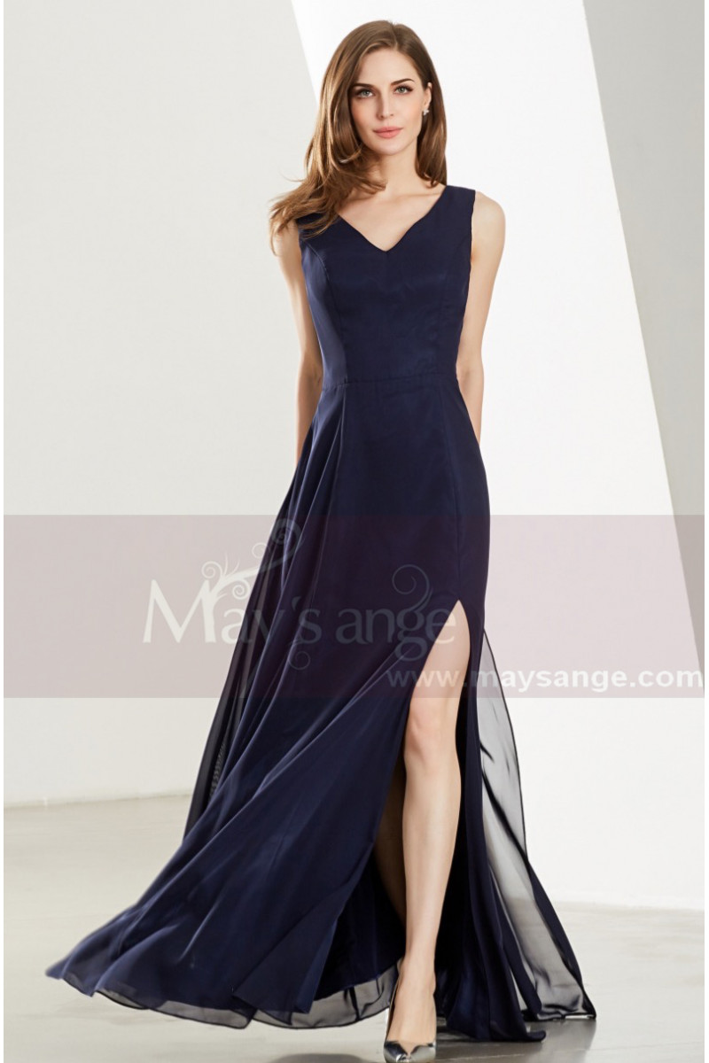 Navy Blue Formal Long V-Neck Prom Dress 