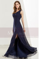 Navy Blue Formal Long V-Neck Prom Dress with Side Slit - Ref L1921 - 04