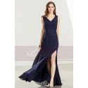 Navy Blue Formal Long V-Neck Prom Dress with Side Slit - Ref L1921 - 05