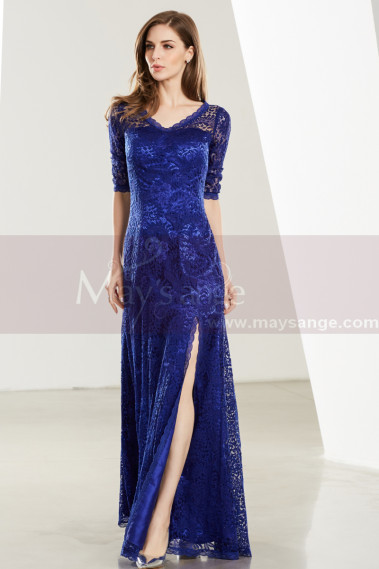 Lace Floor-Length Royal Blue Formal Gown With Side Slit - L1913 #1