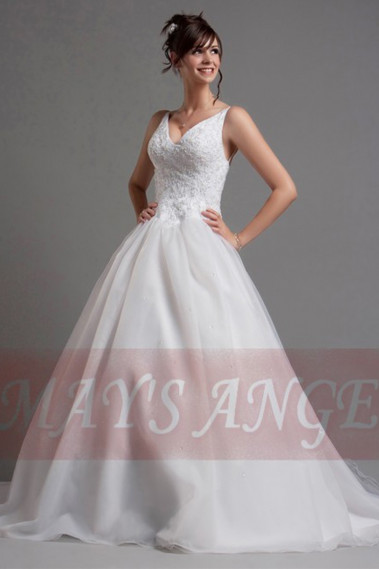 Top Lace White Simple Wedding Gown With Thin Strap - M019 #1