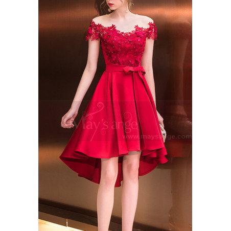 Asymmetrical Raspberry Red Strapless Embroidered Satin Cocktail Dress
