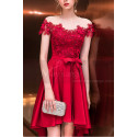 Asymmetrical Raspberry Red Strapless Embroidered Satin Cocktail Dress - Ref C1916 - 04
