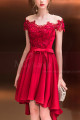 Asymmetrical Raspberry Red Strapless Embroidered Satin Cocktail Dress - Ref C1916 - 05