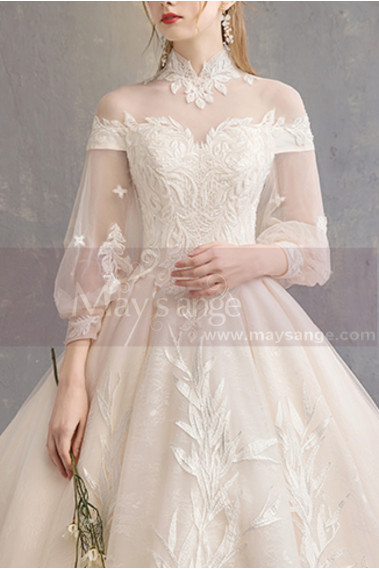 Incredible Embroidered Lace Ivory Gown For Wedding With High Collar And Very Long Train - M1905 #1