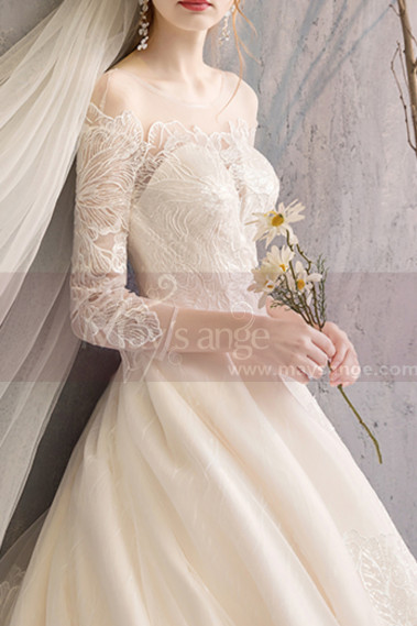 Embroidered Lace Top Ivory Long Sleeve Ball Gowns With Train - M1908 #1