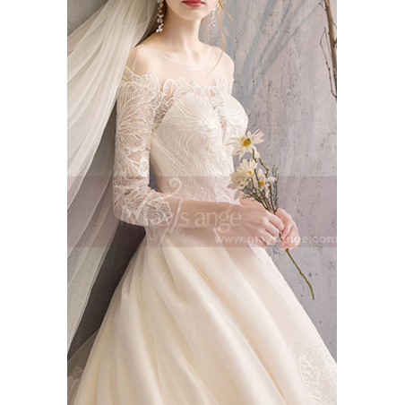 Embroidered Lace Top Ivory Long Sleeve Ball Gowns With Train