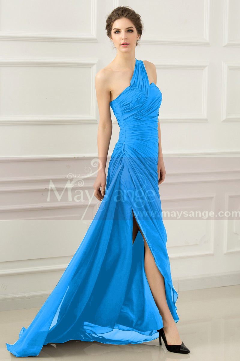 One Shoulder Long Black Blue Prom Dress With Slit - Ref L531 - 01