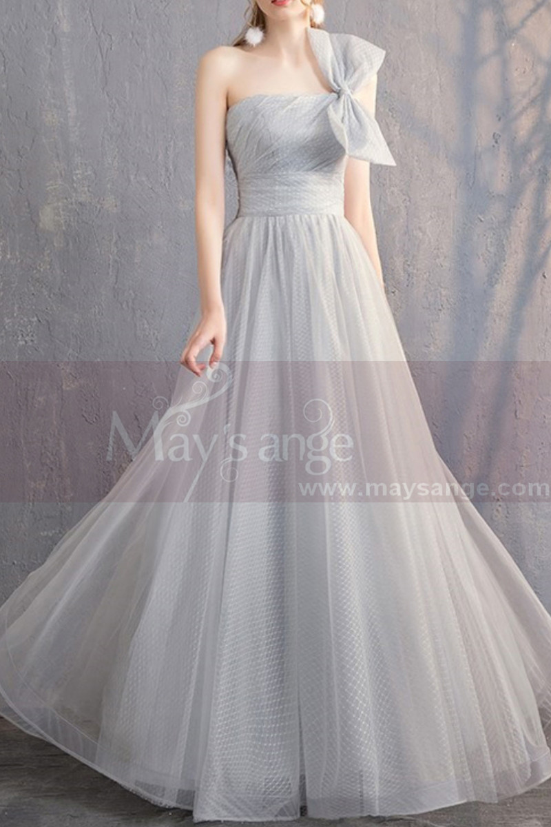 Pale Gray Ceremonial Long Maxi Dress In Organza With A Large