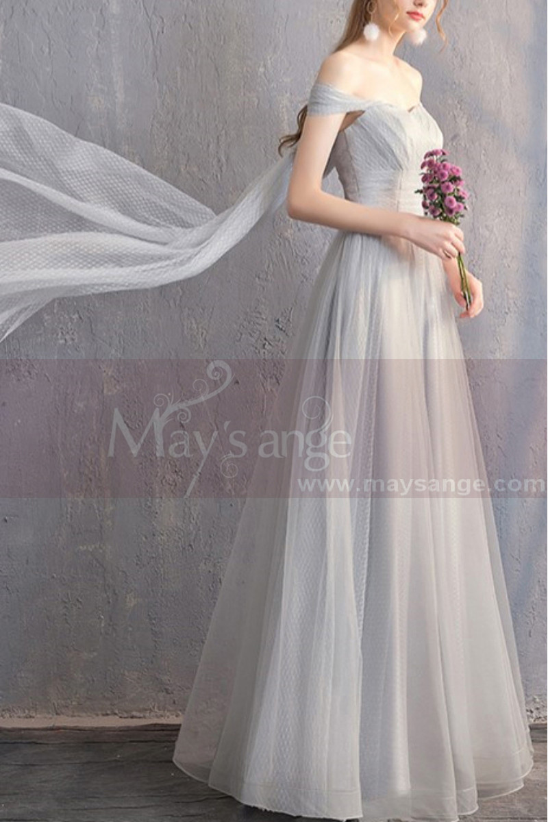 Long Chiffon Off-The-Shoulder Gray Prom Dress Pretty Knot On The Back - Ref L1928 - 01