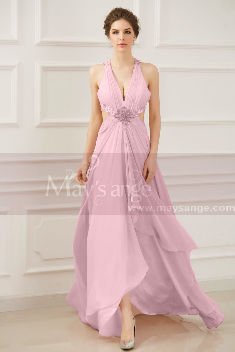 Open Back Sexy Powder Pink Evening Dresses With Slit - Ref L758 - 01