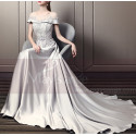 Beautiful Long Satin Silver Prom Dress With Train - Ref L1932 - 04