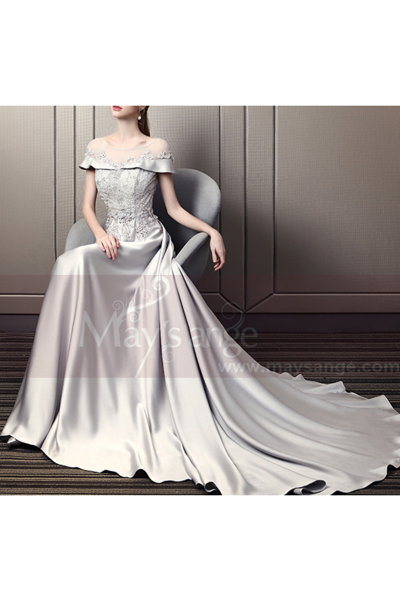 Silver A Line Strapless Satin Tulle Long Prom Dress, Evening Dress