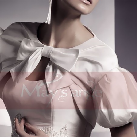 White bolero jacket wedding with bow