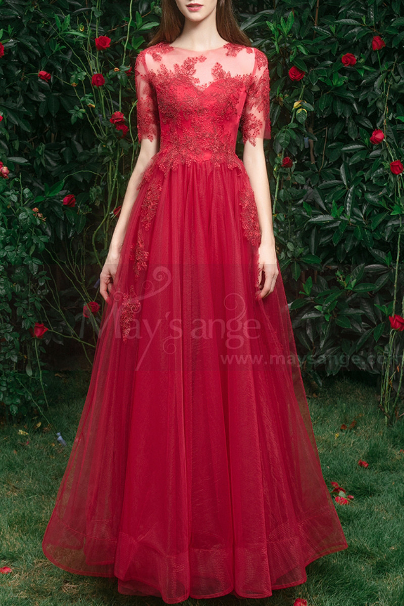 Robe Femme Soirée Longue Rouge Brodée A Manches Longues