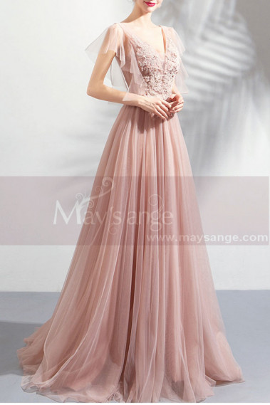 Long Tulle Embellished V-Neck Backless Prom Dress - L1941 #1