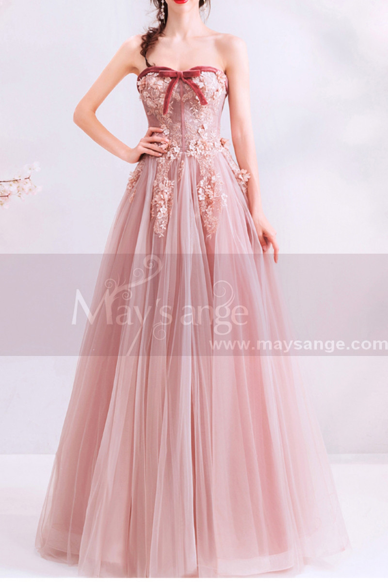 Embroidered-Bodice Pink Long Ball-Gown-Style Prom Dress - Ref L1938 - 01
