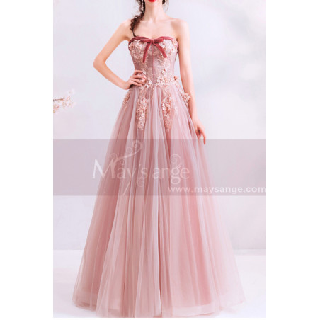 Robe Ceremonie Mariage Longue Rose Chic Bustier Fleuri