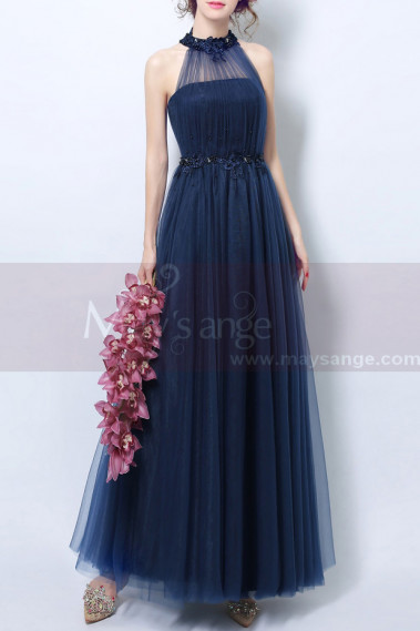 Navy Blue High-Neck Halter Formal Evening Gown - L1943 #1