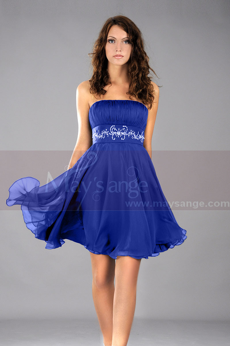 Short Blue Wedding-Guest Dress With Shiny Belt - Ref C113 - 01