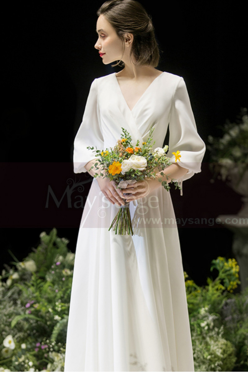 Robe Soirée Blanche Simple Pour Mariage Dos Nu Manche Longue Fermée En Mousseline - Ref L1950 - 01