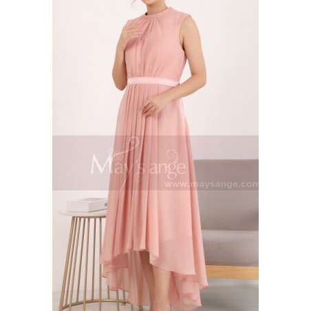 High Low Chiffon Cocktail Gown Pink Pleated Skirt