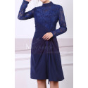 High Collar Navy Blue Short Lace Long Sleeve Evening Gowns - Ref C902 - 02