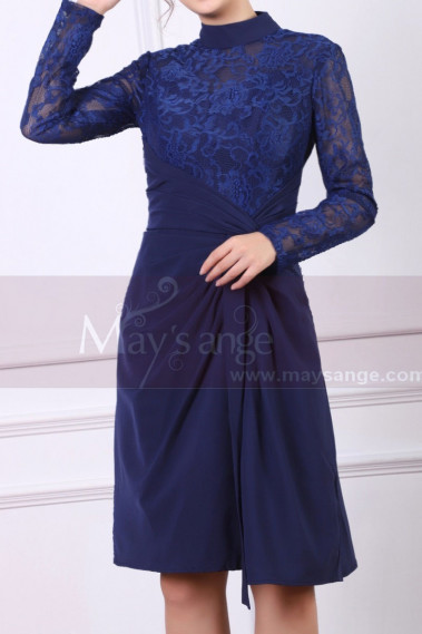 High Collar Navy Blue Short Lace Long ...