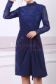 High Collar Navy Blue Short Lace Long Sleeve Evening Gowns - Ref C902 - 02
