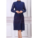 High Collar Navy Blue Short Lace Long Sleeve Evening Gowns - Ref C902 - 03