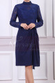 High Collar Navy Blue Short Lace Long Sleeve Evening Gowns - Ref C902 - 03