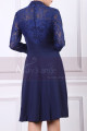 High Collar Navy Blue Short Lace Long Sleeve Evening Gowns - Ref C902 - 04