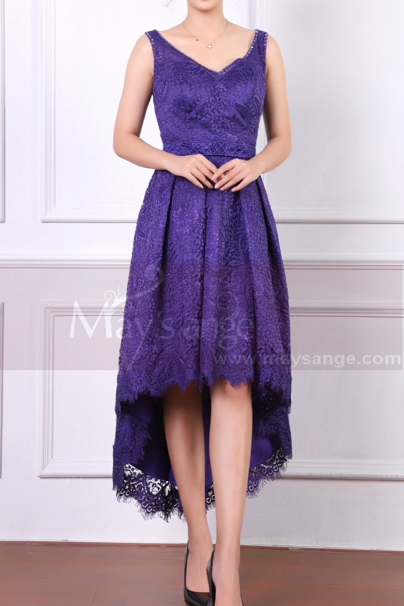 Sleeveless Purple Lace Wedding Guest Dresses High-Low Skirt - Ref C903 - 01
