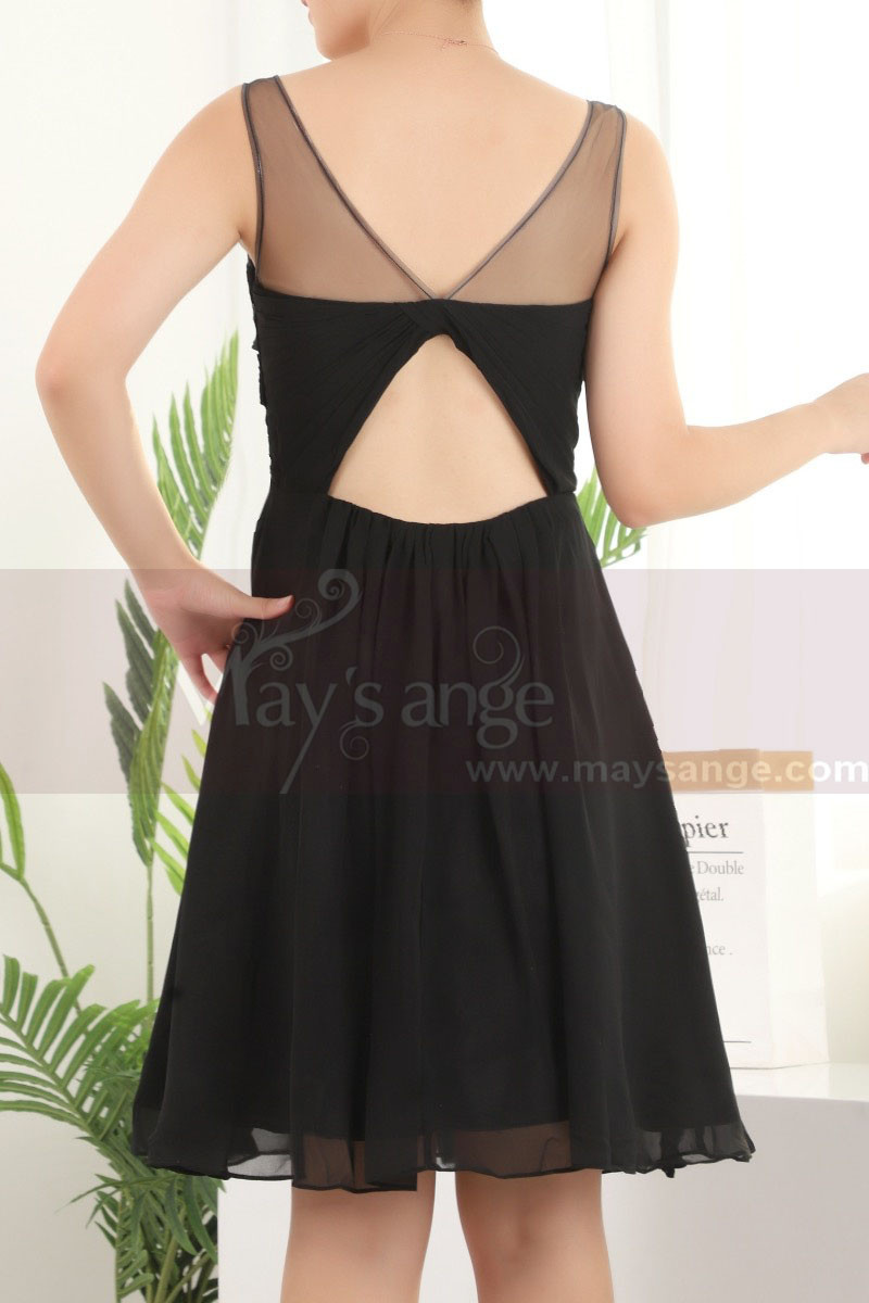 Robe Noire De Cocktail Courte Dos Nu Mousseline - Ref C904 - 01