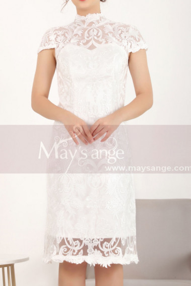 Cape-Sleeve Lace Straight Short White Dress For Civil Wedding - C905 #1