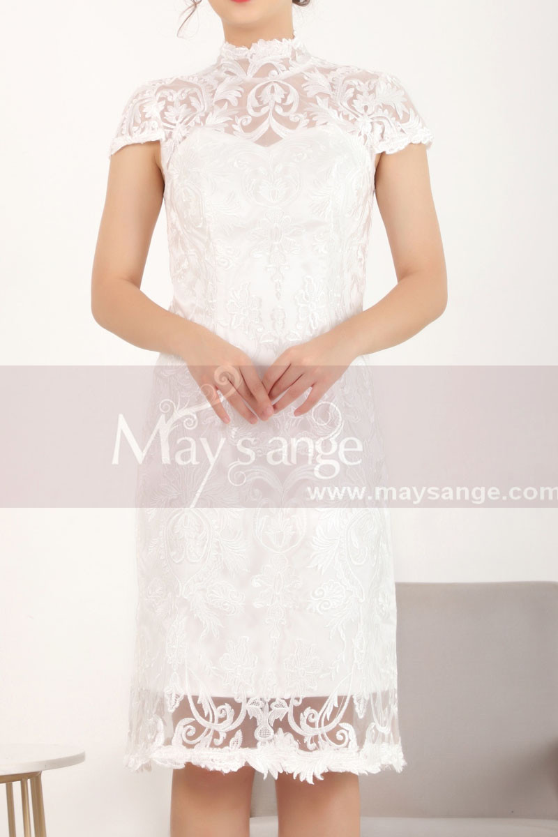 Cape-Sleeve Lace Straight Short White Dress For Civil Wedding - Ref C905 - 01