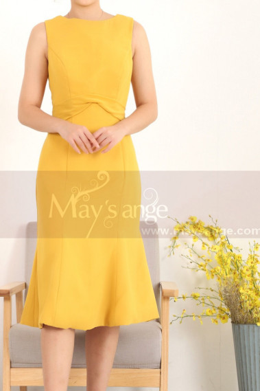 Stylish Belted Short Mermaid Mustard Yellow Dress - C908 #1