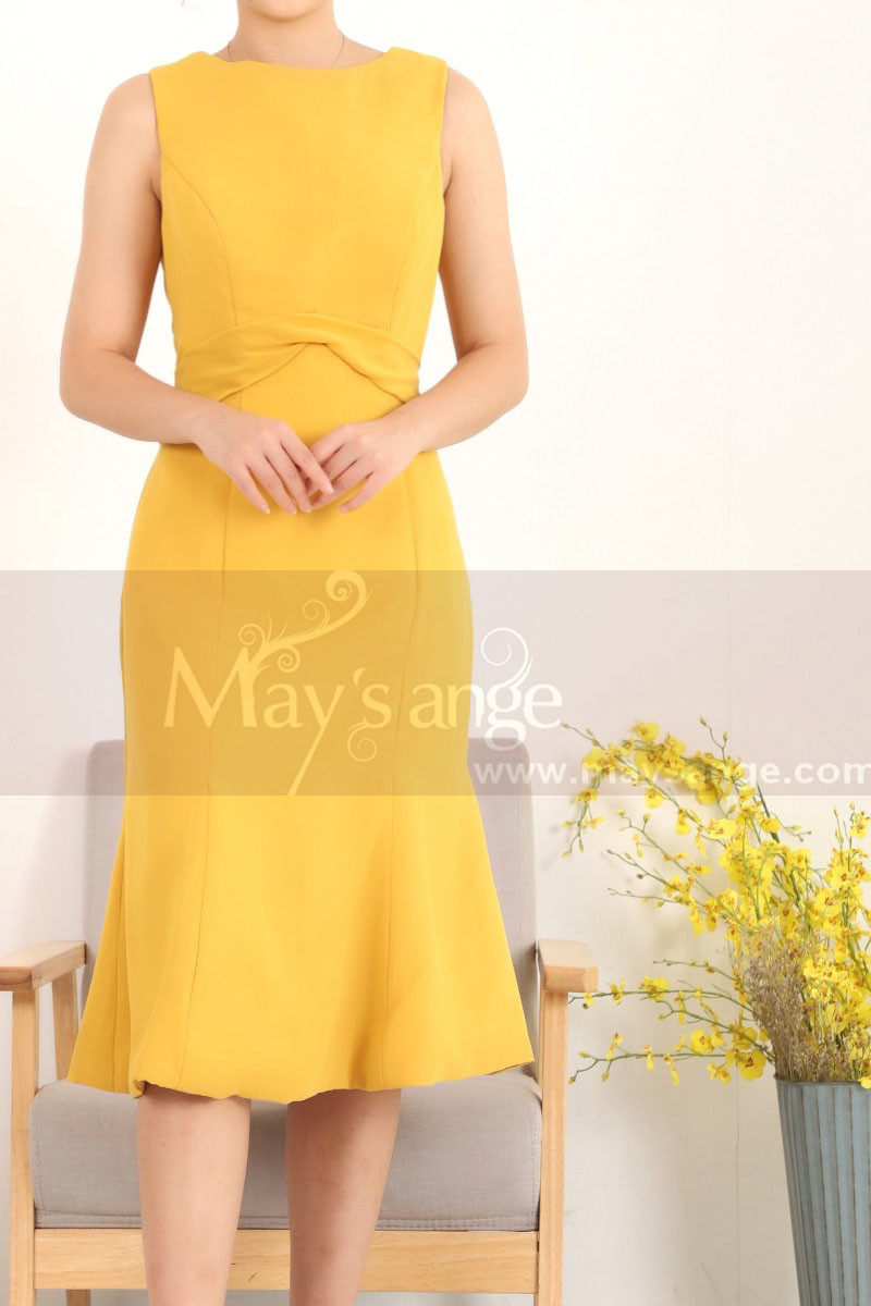 Stylish Belted Short Mermaid Mustard Yellow Dress - Ref C908 - 01