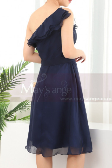 Ruffle Neckline One Shoulder Navy Blue Birthday Dress For Women - C909 #1