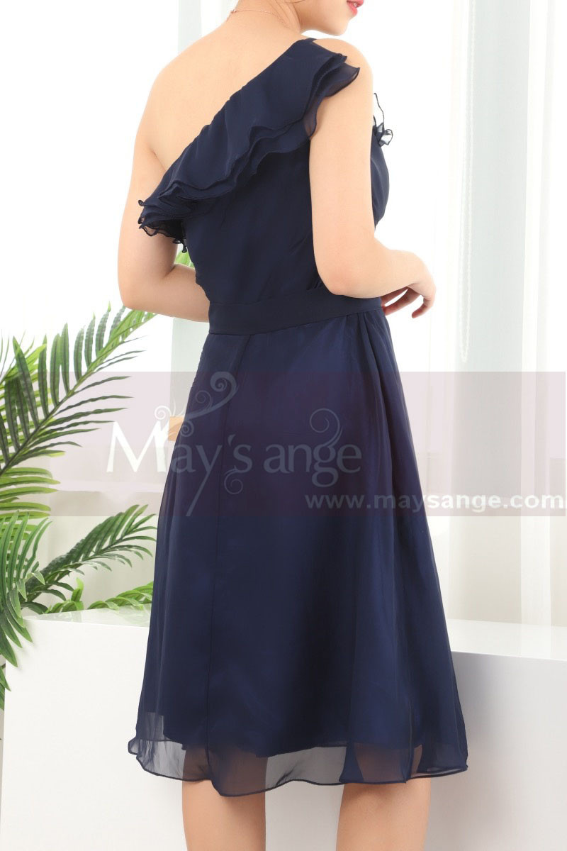 Robe Courte Bleu Marine Asymétrique Décolleté A Volant - Ref C909 - 01