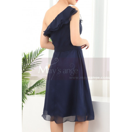 Ruffle Neckline One Shoulder Navy Blue Birthday Dress For Women