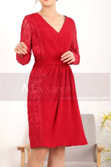 Robe Classe Rouge Vintage En Dentelle Et Manches Longues - C913 #1